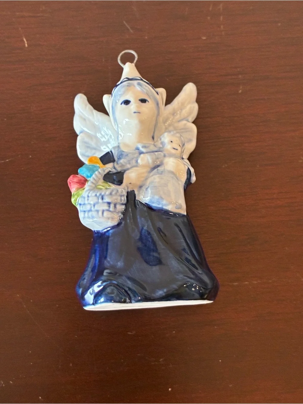 Vintage Delft Style Dutch Boy & Girl Angel Porcelain Christmas Ornaments Pair